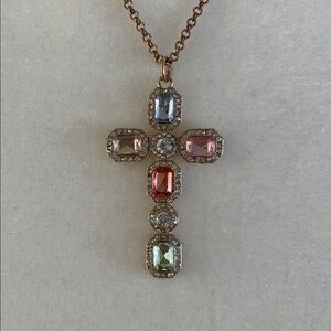 VINTAGE STYLE CRYSTAL CROSS NECKLACE Pastel Emerald Cut Stones Faith-Inspired